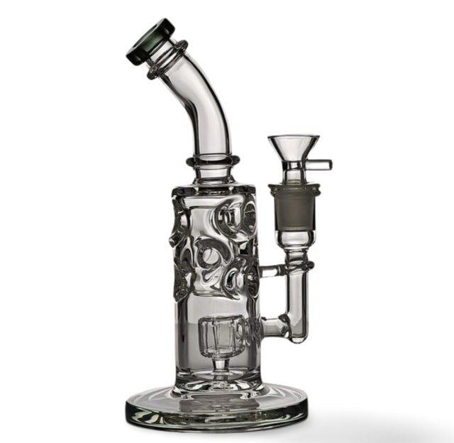 Small Bent Neck Bubbler Bong, 8" Tall, Percolator - Clear Glass, Black Color