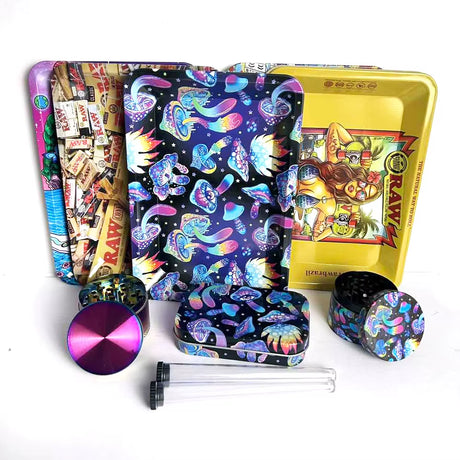 5-PACK TOBACCO KIT SET WITH STORAGE TUBES, GRINDER & ROLLING TRAY