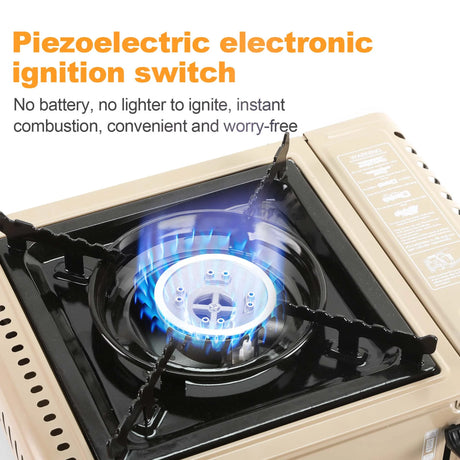 GVDV PORTABLE 1-BURNER BUTANE CAMPING GOLD STOVE WITH UPDATED CARRYING CASE