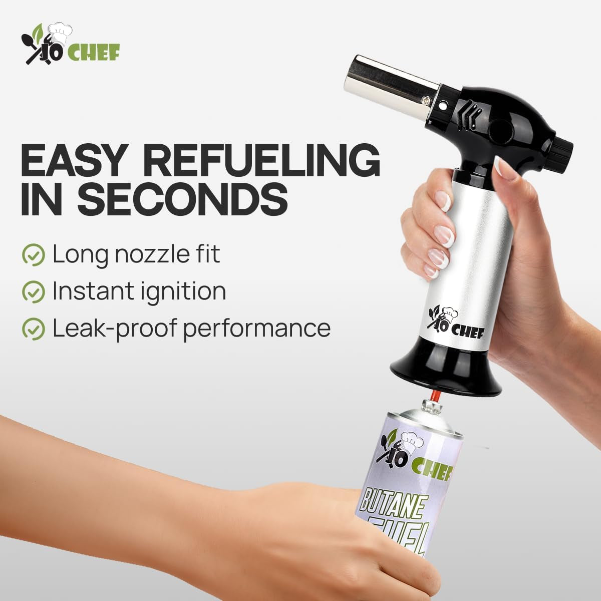 Jo Chef Burst Culinary Torch – 2,370°F Butane Torch, Refillable Adjustable Flame Lighter with Safety Lock for BBQ, Baking, Brulee Creme, DIY, Crafts and Soldering – 1 Butane Can Included