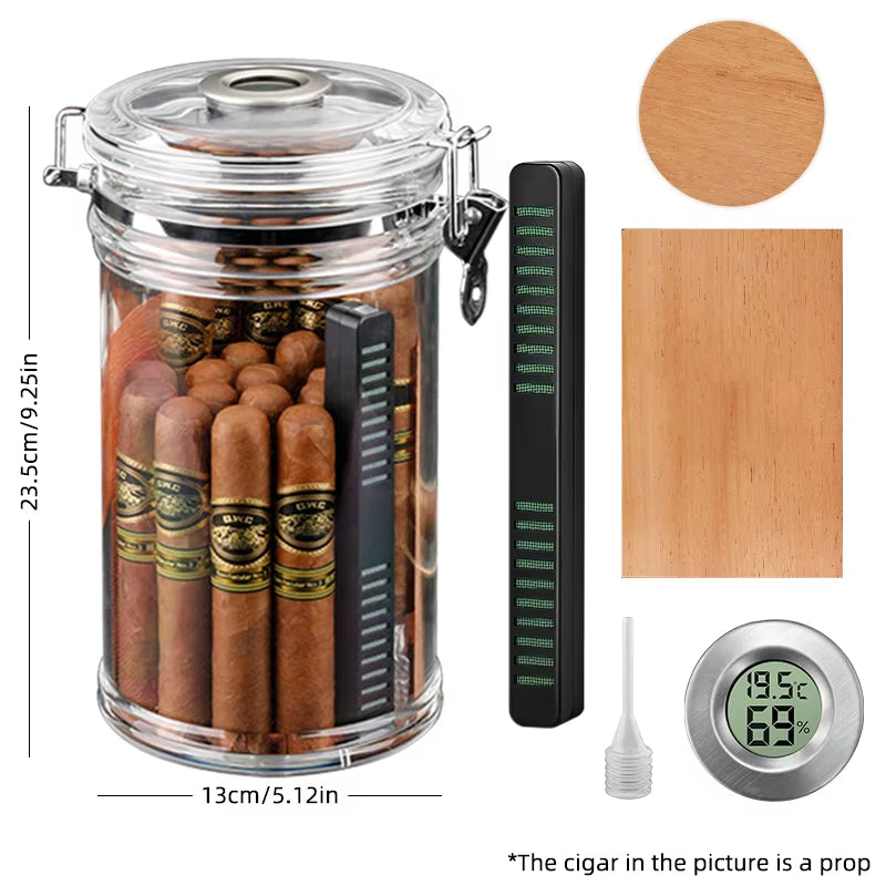 ACRYLIC CIGAR HUMIDOR JAR WITH HYGROMETER & HUMIDIFIER – HOLDS UP TO 18 CIGARS