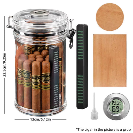ACRYLIC CIGAR HUMIDOR JAR WITH HYGROMETER & HUMIDIFIER – HOLDS UP TO 18 CIGARS