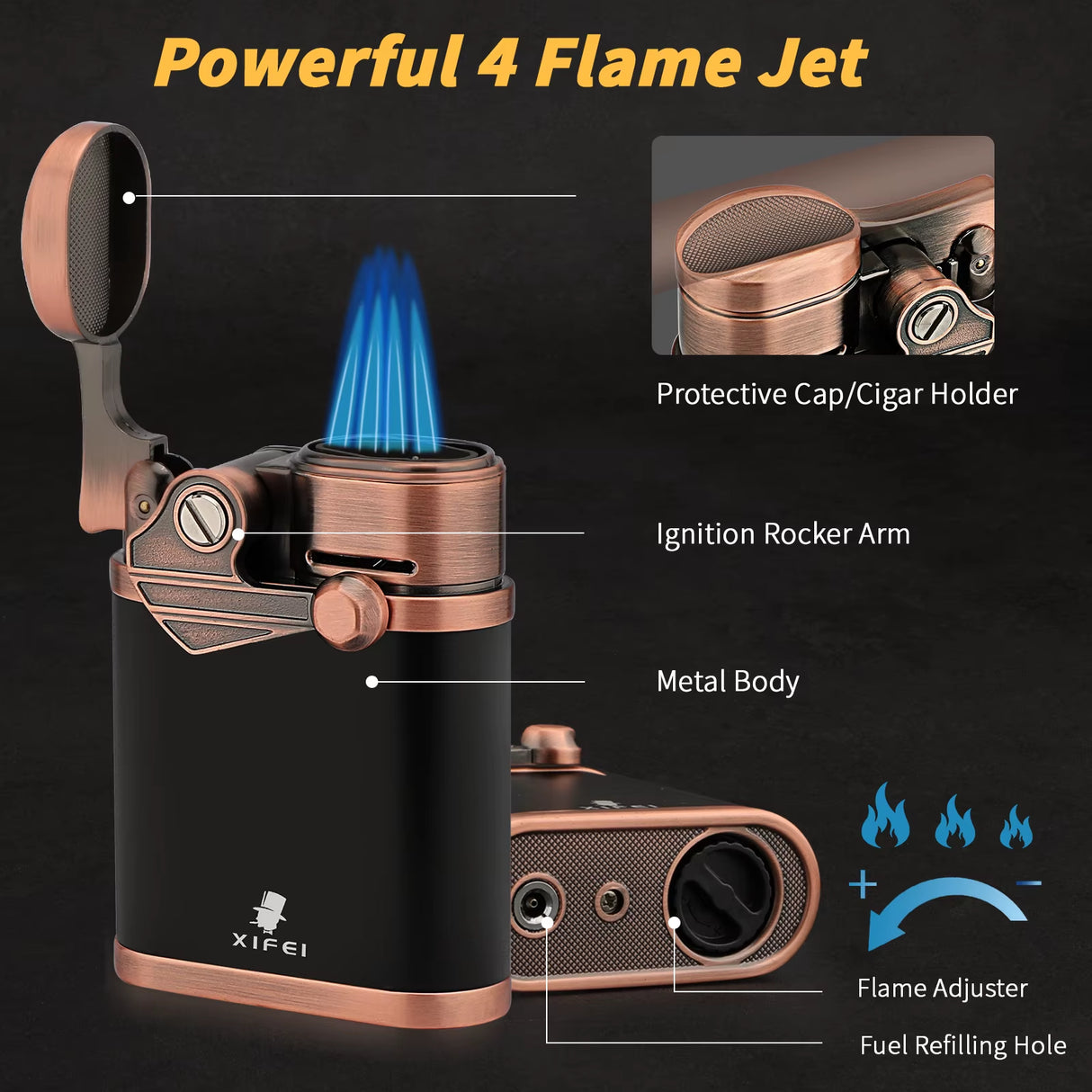 XIFEI 4-JET TORCH LIGHTER – CIGAR HOLDER, ADJUSTABLE FLAME
