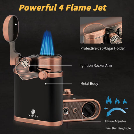 XIFEI 4-JET TORCH LIGHTER – CIGAR HOLDER, ADJUSTABLE FLAME