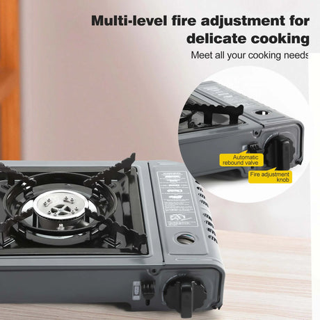 GVDV PORTABLE 1-BURNER BUTANE CAMPING GRAY STOVE WITH UPDATED CARRYING CASE