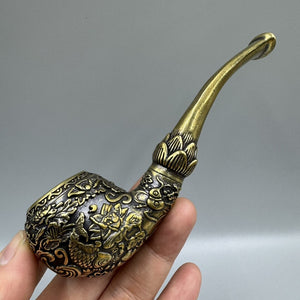 4.8 IN COLLECTIBLE CHINA BRASS ANIMAL CARP TOBACCO PIPE – FLORAL CARVED