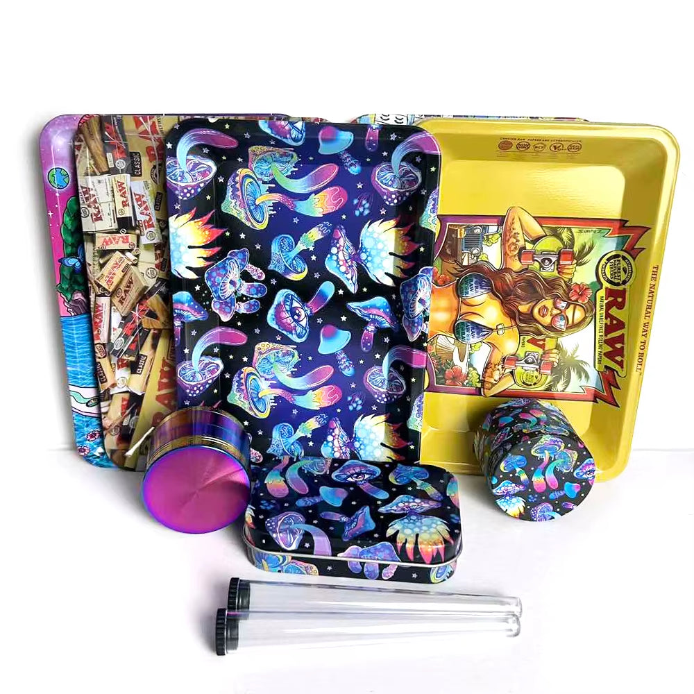 5-PACK TOBACCO KIT SET WITH STORAGE TUBES, GRINDER & ROLLING TRAY