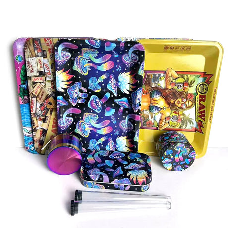 5-PACK TOBACCO KIT SET WITH STORAGE TUBES, GRINDER & ROLLING TRAY