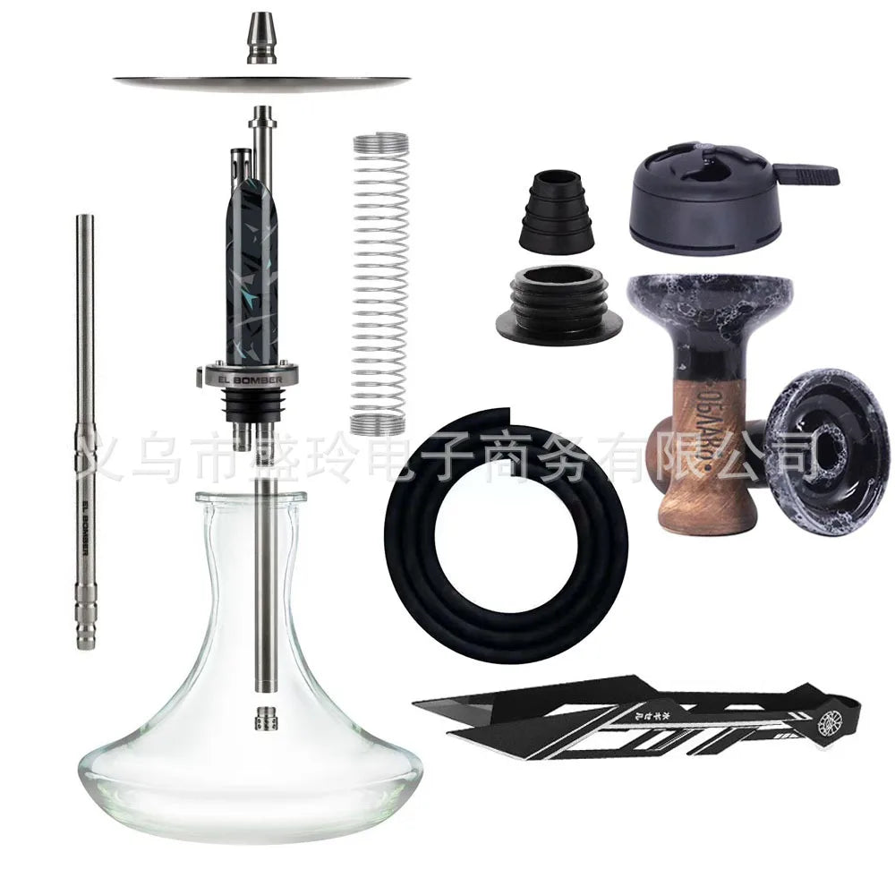 EL BOMBER STAINLESS STEEL SINGLE TUBE HOOKAH SET WITH GLASS BASE