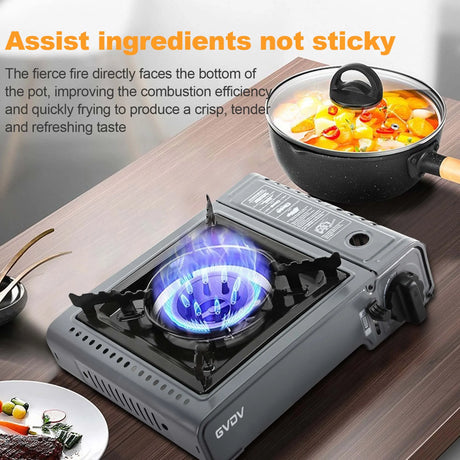 GVDV PORTABLE 1-BURNER BUTANE CAMPING GRAY STOVE WITH UPDATED CARRYING CASE