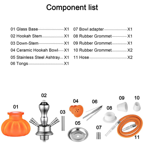 HOSE HOOKAH SET 11 INCH MINI SHISHA WITH PUMPKIN VASE, CERAMIC BOWL, ACCESSORIES
