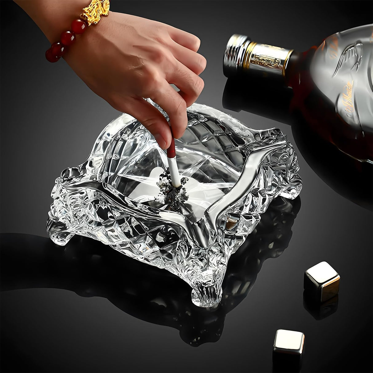 Vintage Cigar Ashtray Cut Glass Tobacciana Heavy Diamond Cut Art Glass Ashtray