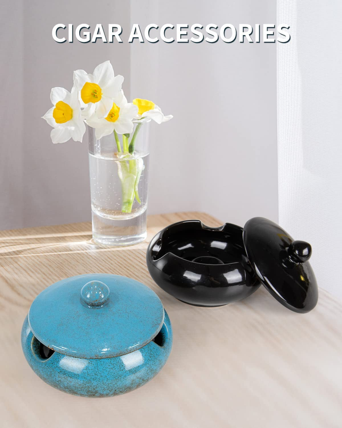 Ceramic Ashtray with Lids Cigar Accessories Outdoor Windproof Ashtrays for Ci...