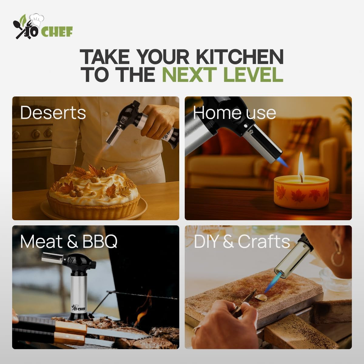 Jo Chef Burst Culinary Torch – 2,370°F Butane Torch, Refillable Adjustable Flame Lighter with Safety Lock for BBQ, Baking, Brulee Creme, DIY, Crafts and Soldering – 1 Butane Can Included