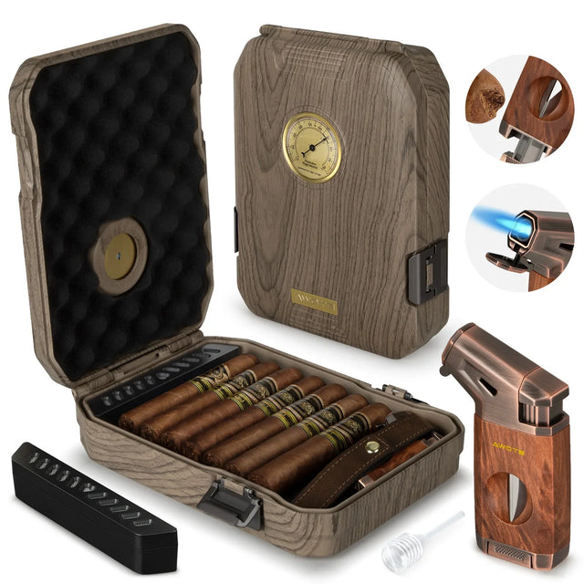 AWOTE CEDAR WOOD TRAVEL CIGAR HUMIDOR WITH LIGHTER, HUMIDIFIER & HYGROMETER