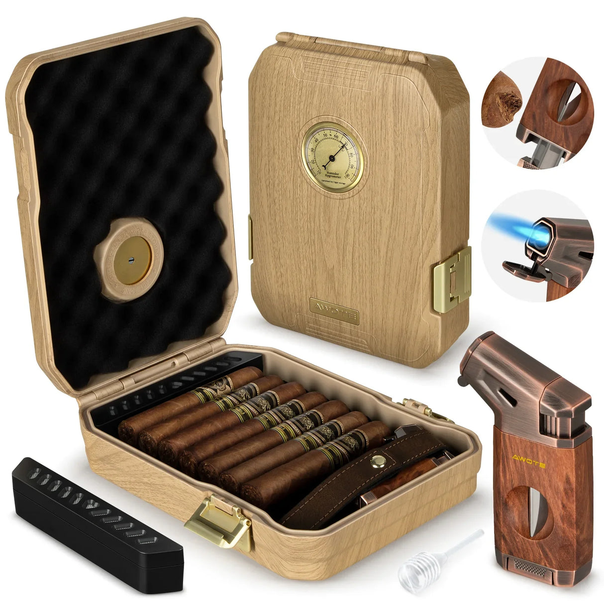 AWOTE CEDAR WOOD TRAVEL CIGAR HUMIDOR WITH LIGHTER, HUMIDIFIER & HYGROMETER