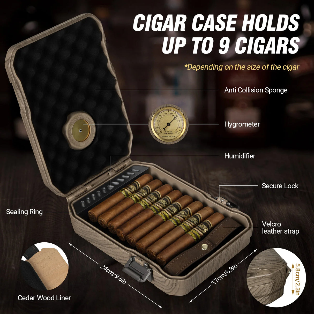 AWOTE CEDAR WOOD TRAVEL CIGAR HUMIDOR WITH LIGHTER, HUMIDIFIER & HYGROMETER