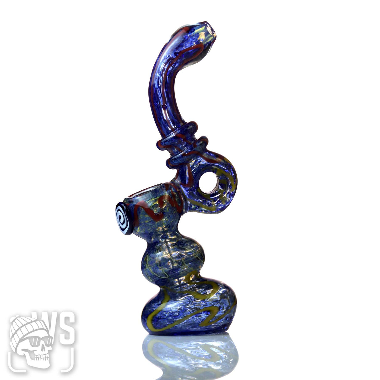 GLASS BUBBLER WITH WORKED PATTERN & SIDE HANDLE
