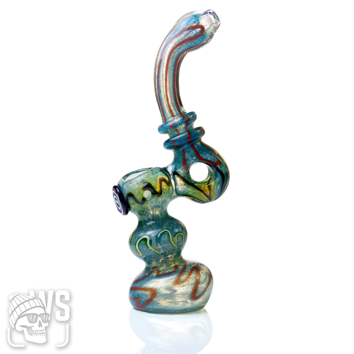 GLASS BUBBLER WITH WORKED PATTERN & SIDE HANDLE