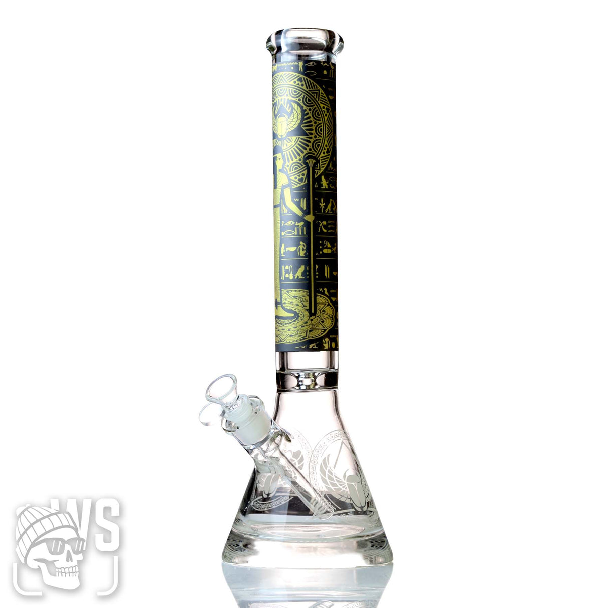 EGYPTIAN DESIGN GLASS BEAKER BONG WITH ETCHED BASE