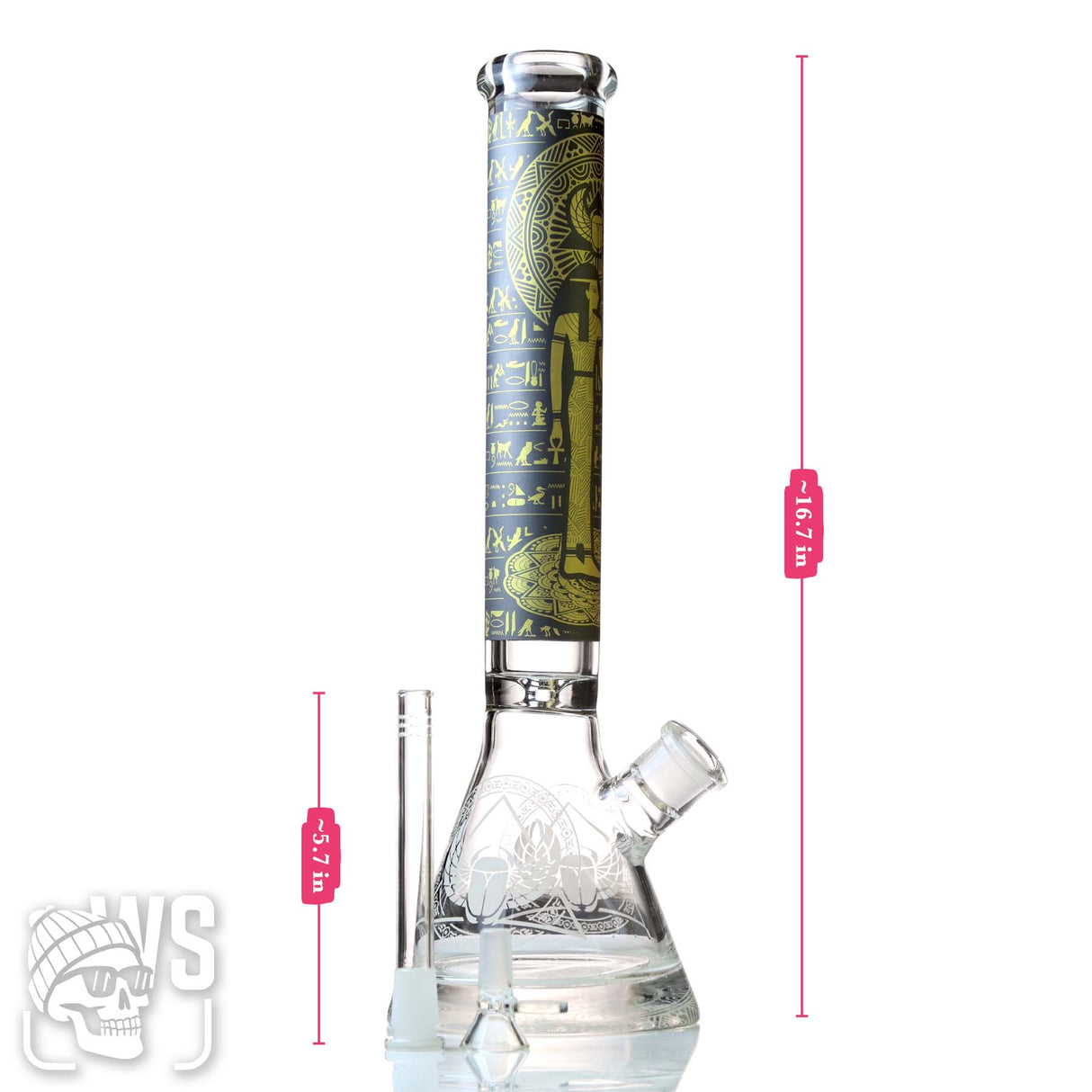 EGYPTIAN DESIGN GLASS BEAKER BONG WITH ETCHED BASE