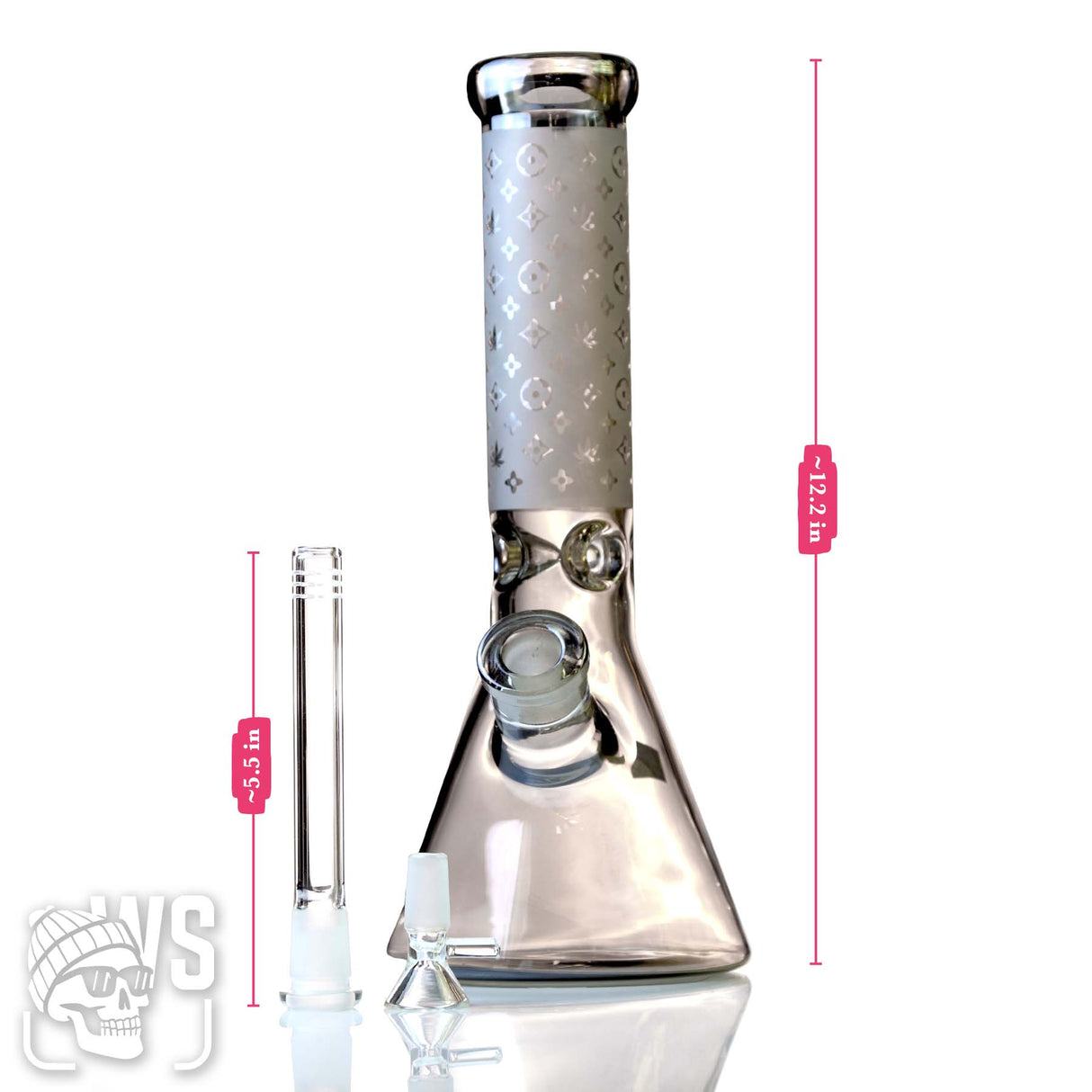 FROSTED DESIGN GLASS BEAKER BONG WITH PATTERNED NECK