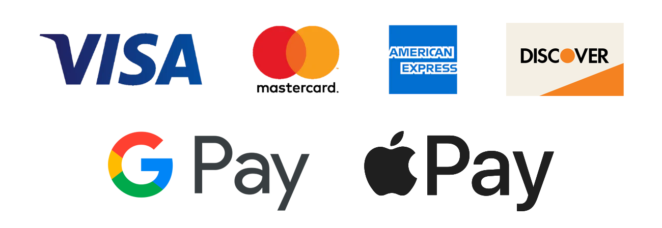 Secure payment options available: Visa, MasterCard, American Express, Discover, and more.