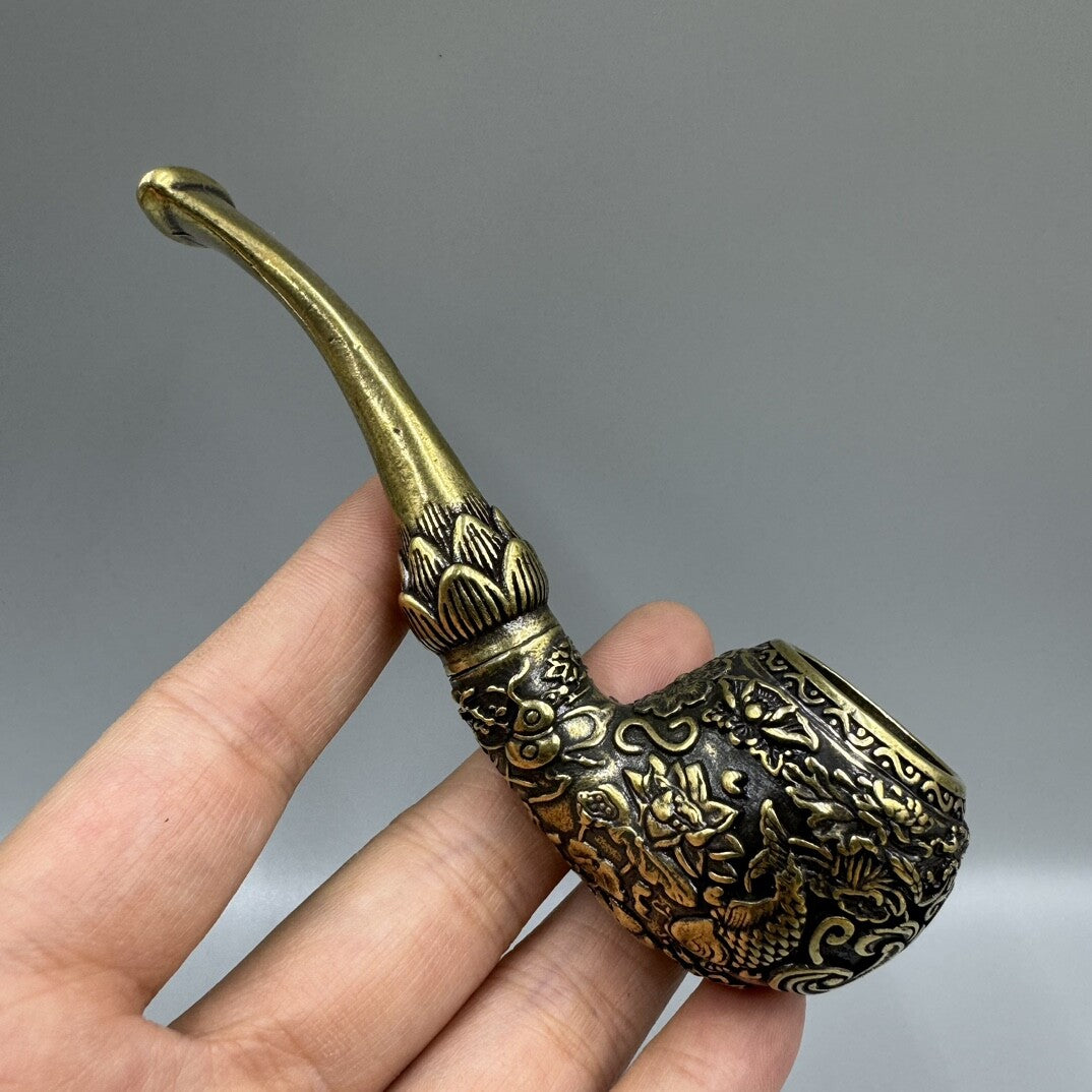 4.8"Collect China Brass Animal Carp Carving Flowers Dry Tobacco Bag Tobacco Pipe