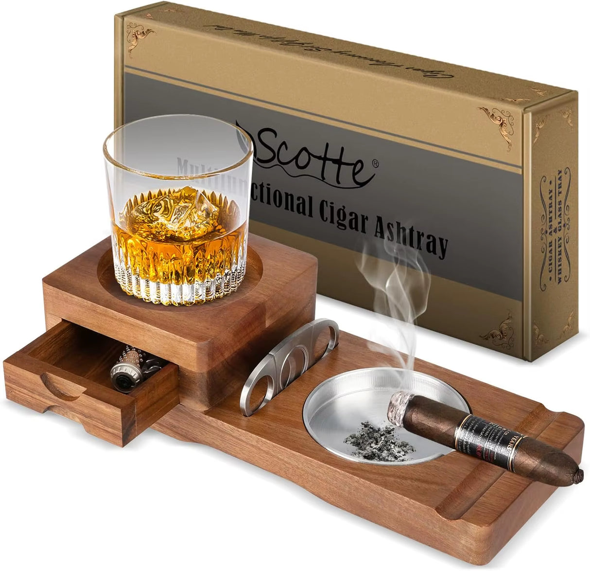 Scotte Cigar Ashtray for Men, Whiskey Glass Tray, Wooden Ash Tray, Cigar Cutter, Include Drawer, Cigar Slot, Accessories