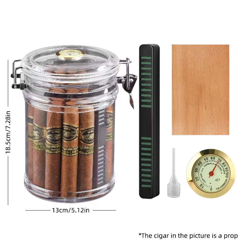 ACRYLIC CIGAR HUMIDOR JAR WITH HYGROMETER & HUMIDIFIER – HOLDS UP TO 18 CIGARS