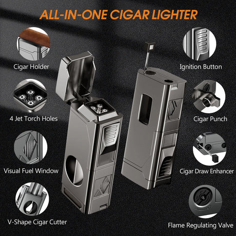 5-IN-1 WINDPROOF TORCH CIGAR LIGHTER – 4 JET FLAME, V-CUT, PUNCH & HOLDER