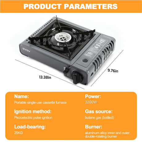 GVDV PORTABLE 1-BURNER BUTANE CAMPING GRAY STOVE WITH UPDATED CARRYING CASE