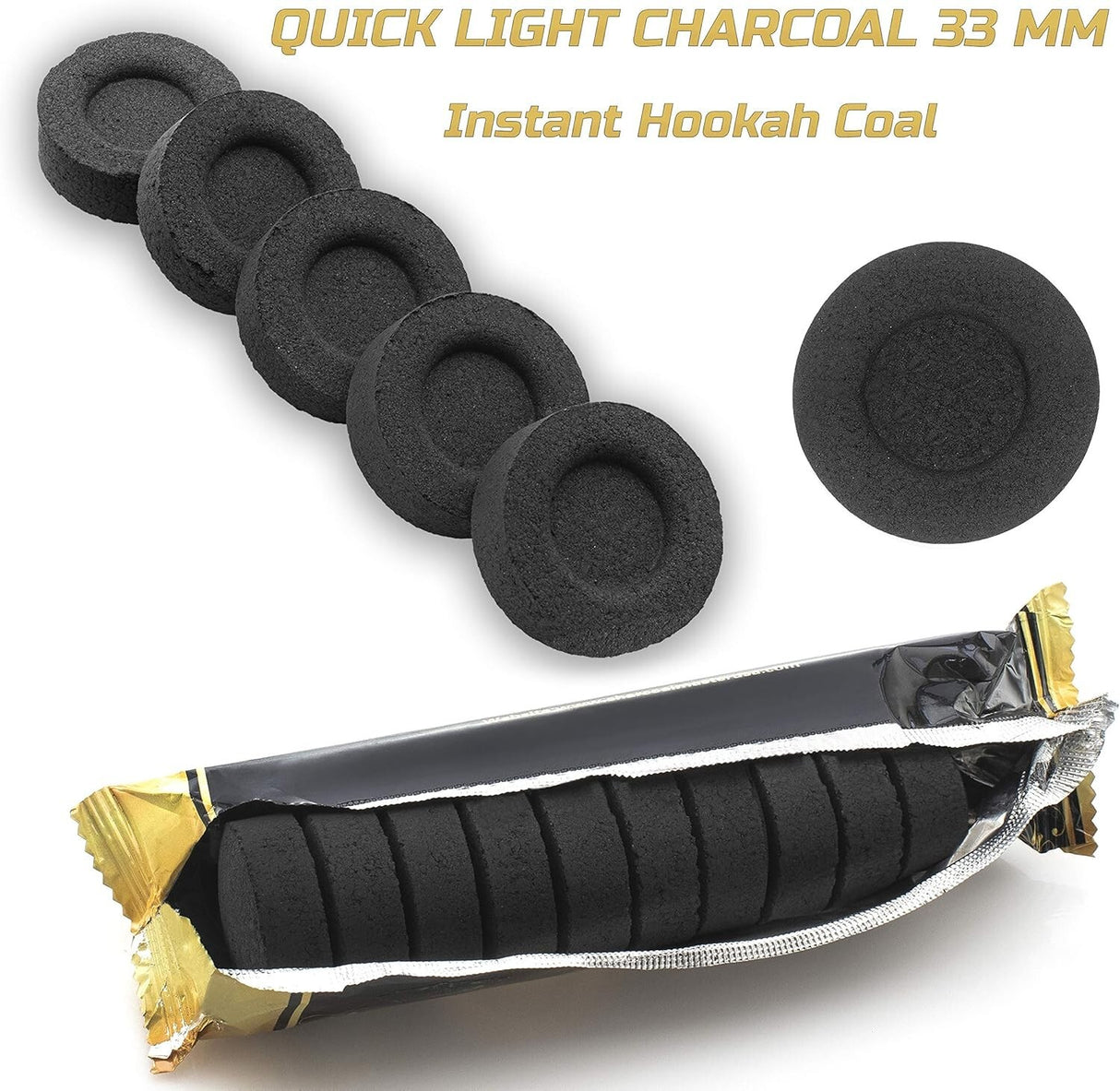 HOOKAH CHARCOAL BRIQUETTES 33MM INSTANT LIGHT – 45 MIN BURN, LOW SMOKE (100 PACK)