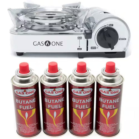 MINI CAMP STOVE WITH BUTANE FUEL – 4-PIECE BUNDLE