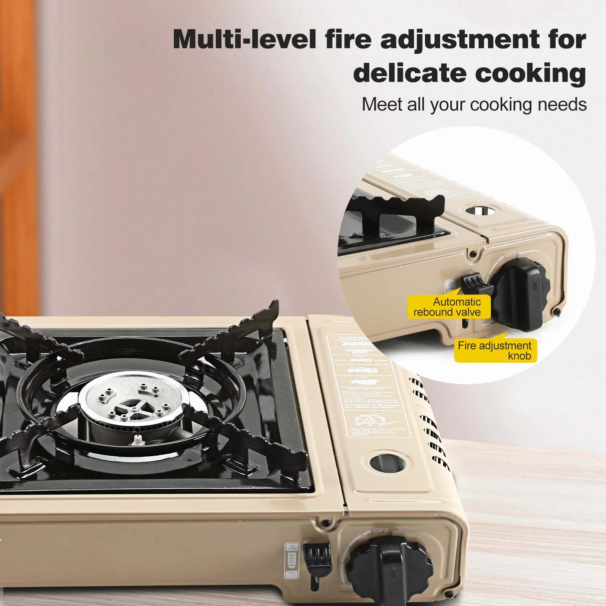 GVDV PORTABLE 1-BURNER BUTANE CAMPING GOLD STOVE WITH UPDATED CARRYING CASE