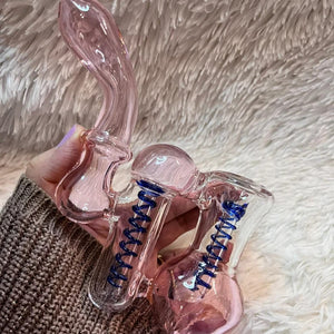 7.5 INCH PINK DOUBLE CHAMBER GLASS BUBBLER - GIRLY GLASS BONG PINK WATER PIPE
