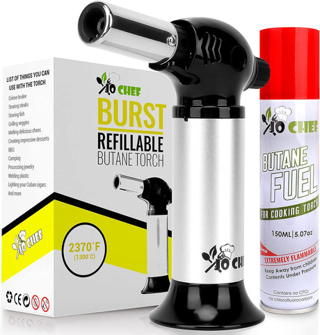 Jo Chef Burst Culinary Torch – 2,370°F Butane Torch, Refillable Adjustable Flame Lighter with Safety Lock for BBQ, Baking, Brulee Creme, DIY, Crafts and Soldering – 1 Butane Can Included