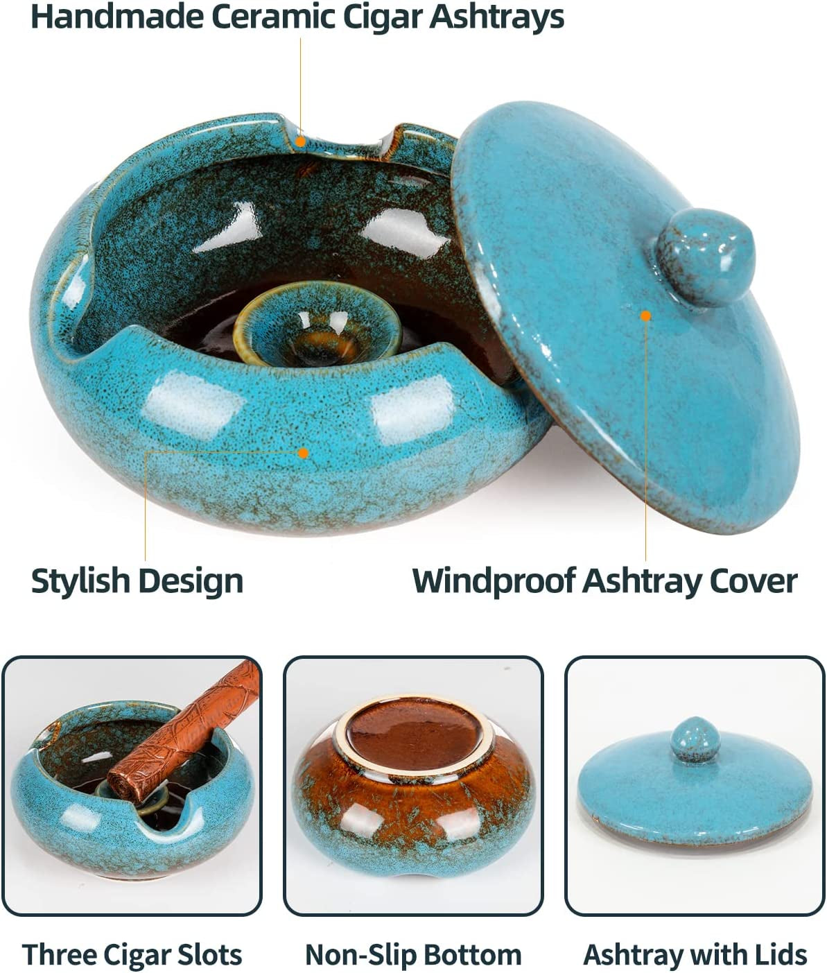 Ceramic Ashtray with Lids Cigar Accessories Outdoor Windproof Ashtrays for Ci...