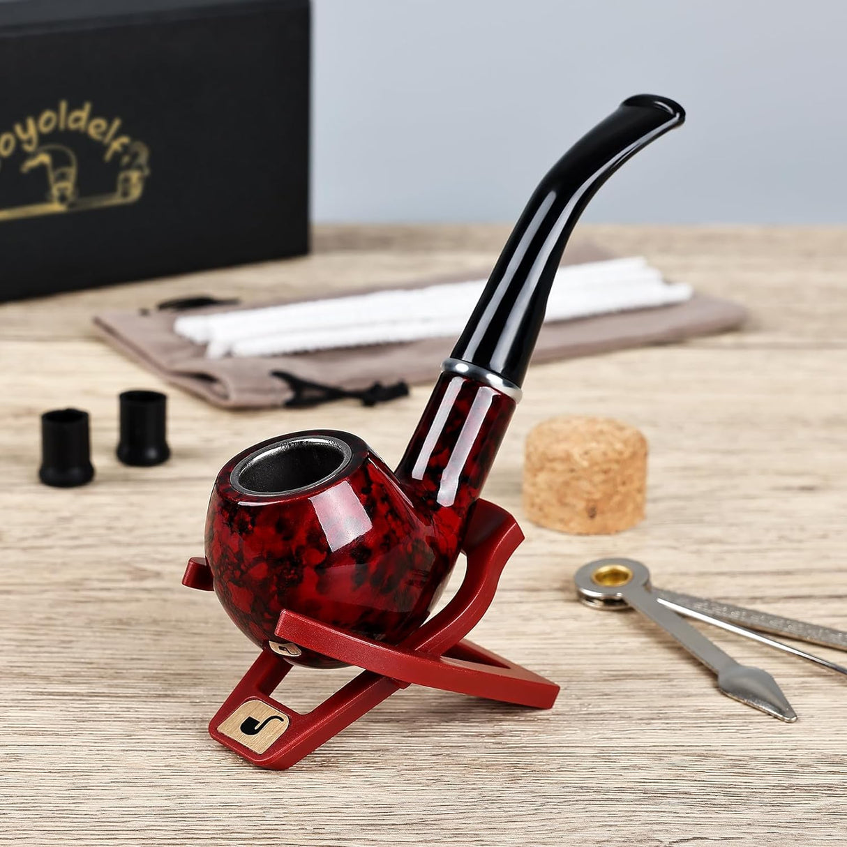 Joyoldelf Tobacco Pipe, Classic Smoking Pipe with Foldable Tobacco Pipe Stand