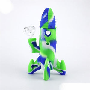 8 INCH SILICONE AND GLASS SPACE ROCKETSHIP UFO WATER PIPE - BUBBLER BONG WITH GLASS BOWL