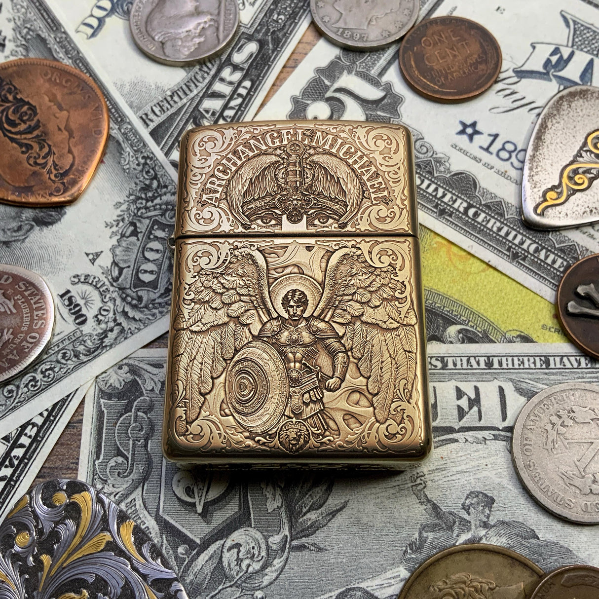 ZIPPO ARCHANGEL MICHAEL ENGRAVED BRASS ARMOR CIGARETTE & CIGAR LIGHTER