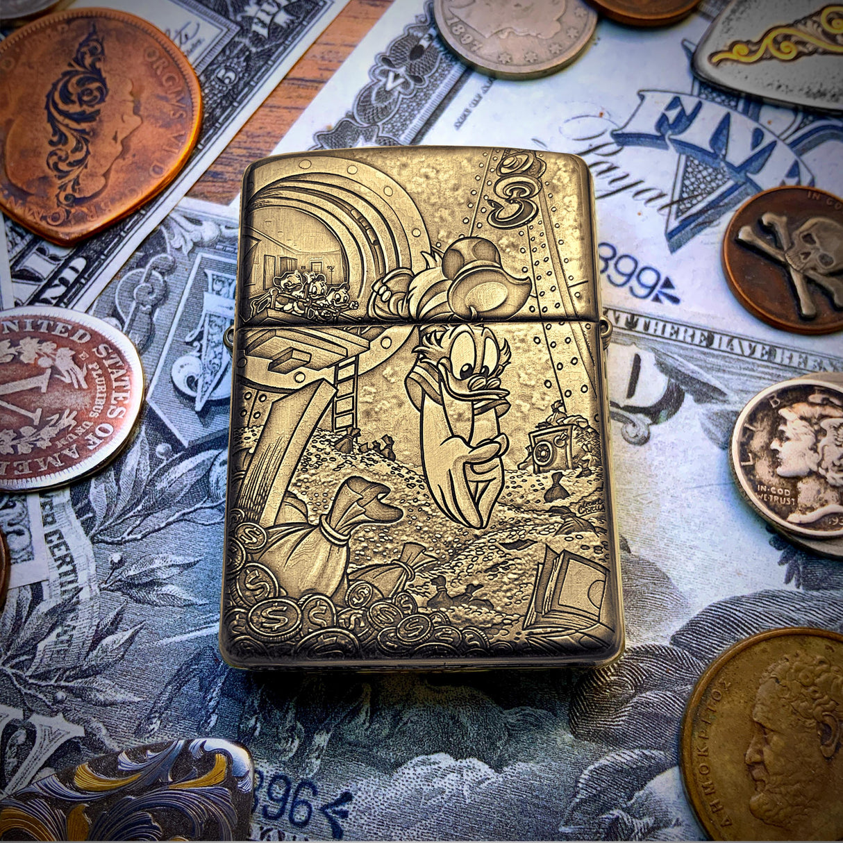 ZIPPO SCROOGE MCDUCK ENGRAVED BRASS ARMOR CIGARETTE LIGHTER – EBENEZER