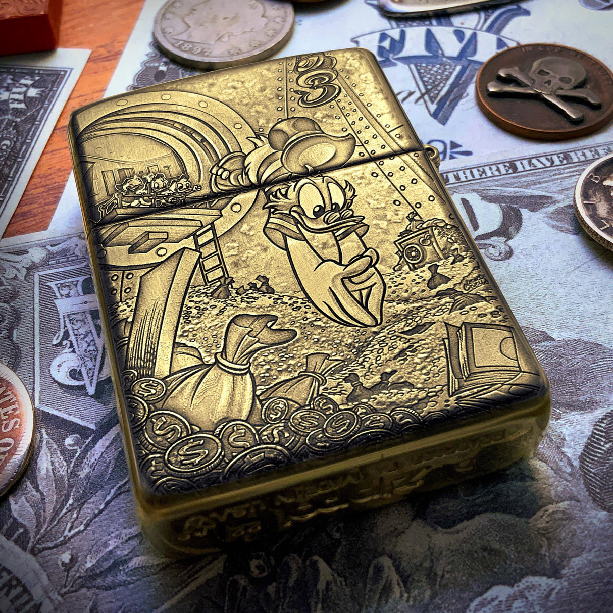ZIPPO SCROOGE MCDUCK ENGRAVED BRASS ARMOR CIGARETTE LIGHTER – EBENEZER