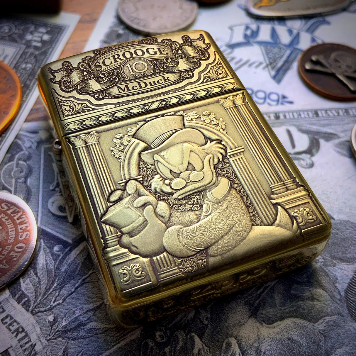 ZIPPO SCROOGE MCDUCK ENGRAVED BRASS ARMOR CIGARETTE LIGHTER – EBENEZER
